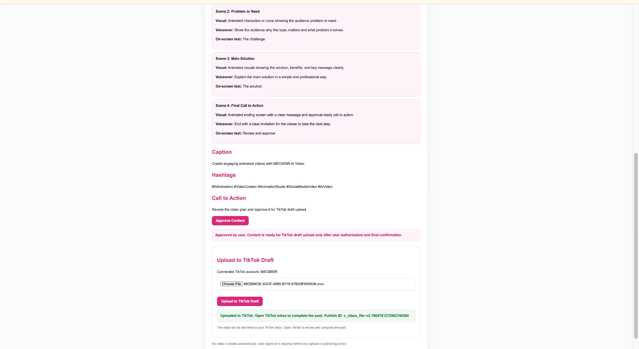 Successful TikTok draft-delivery confirmation